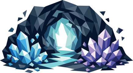 Crystalline Cave Mystery. Low-poly vector illustration focused on an iconic crystalline cave scene as a symbol of mystery and