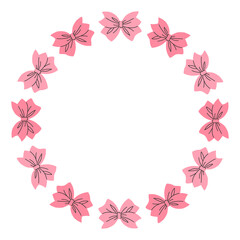 Round vector frame made of pink satin bows. Bow frame design. Vector illustration. Decorative cute template.