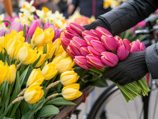 Tulip flower bouquet market vibrant color spring bloom outdoor vendor hand