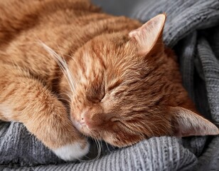 ginger cat curled up asleep on a gray blanket