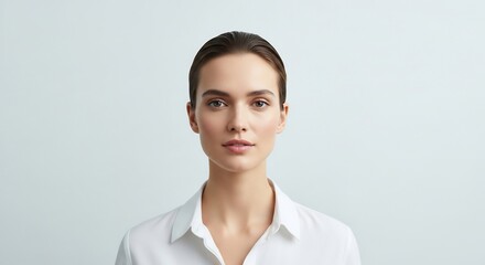 Elegant Portrait of a Woman in a White Shirt, Frontal View, Natural Light.