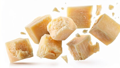 parmesan cheese chunks falling and cracking isolated on white background