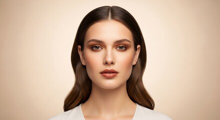 Elegant Portrait of a Woman with Brown Hair and Professional Makeup, Studio Shot.