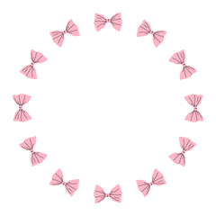 Round vector frame made of pink satin bows. Bow frame design. Vector illustration. Decorative cute template.