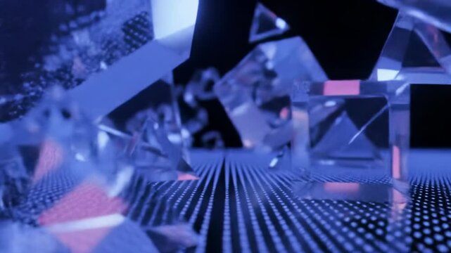 Translucent, polymorphic geometric shapes (cubes, pyramids) morphing, gliding, and rotating, illuminated by electric blues and royal purples. Wide-angle dolly forward video. Modern digital art