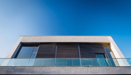 modern minimalist building with glass railings and a sleek concrete facade under a clear blue sky