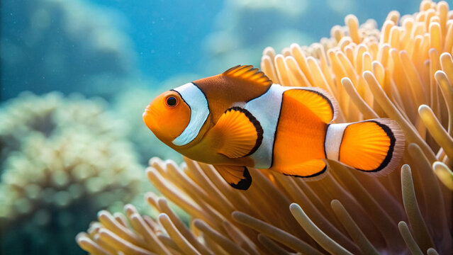 Vibrant clownfish swimming near colorful sea anemone underwater