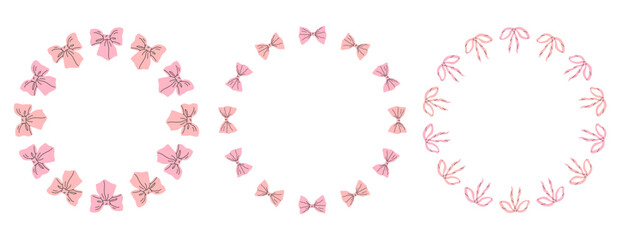 Set of round vector frames made of pink satin bows. Bow frame design. Vector illustration. Decorative cute template.