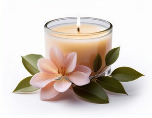 a candle with a flower on top of it isolated on a white background