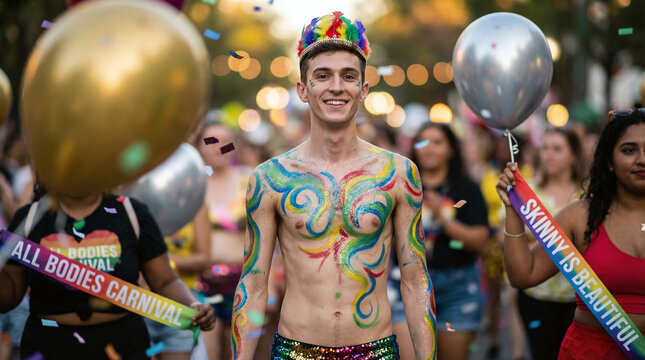 a shirtless, young, white male with colorful face paint and body paint, wearing a rainbow hat and glittery pants, holding a silver balloon, surrounded by people with sash ribbons.