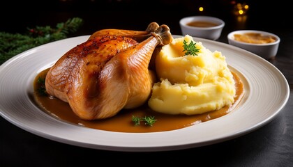 turkey on white plate served with mashed potatoes and gravy studio lighting