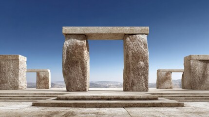 Large stone platform stands under open sky, presenting an empty space with minimal structures and a focus on ancient design.