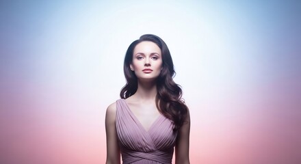 Elegant Woman Posing in a Lavender Dress with a Soft Background.