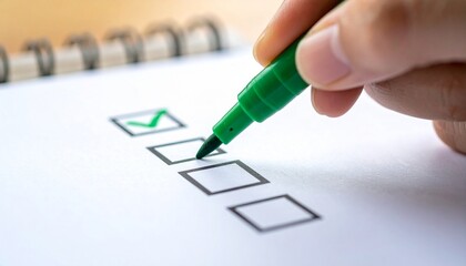Hand with green marker checking first box on paper checklist, spiral notebook.