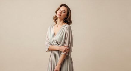 Elegant Woman Posing in a Stylish Dress Against a Neutral Background.
