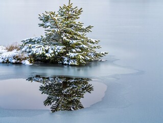 Winter Scene of a Snow-Covered Tree and Reflection