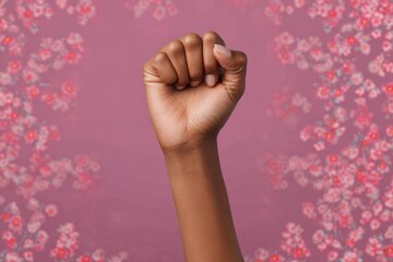 Close-up of raised african female fist against floral pink background