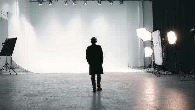 A person in a dark coat faces a seamless white cyclorama in a large, empty photography studio, with lighting gear set up for a shoot. The scene evokes creativity, solitude, and artistic inspiration