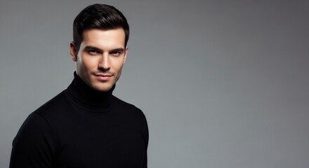 Handsome man in black turtleneck looking at the camera with a confident expression.