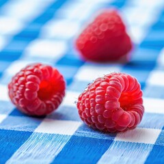 Fresh Raspberries on Blue Gingham