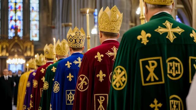 Catholic priests in ornate vestments and miters process through a cathedral, holding candles during Epiphany religious ceremony