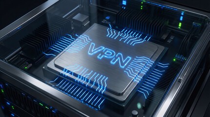 Cybersecurity infrastructure with integrated vpn chip and glowing data circuits in futuristic server environment for secure encrypted network communication