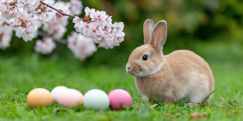 Obraz premium Young bunny with colored eggs and cherry blossoms in spring meadow