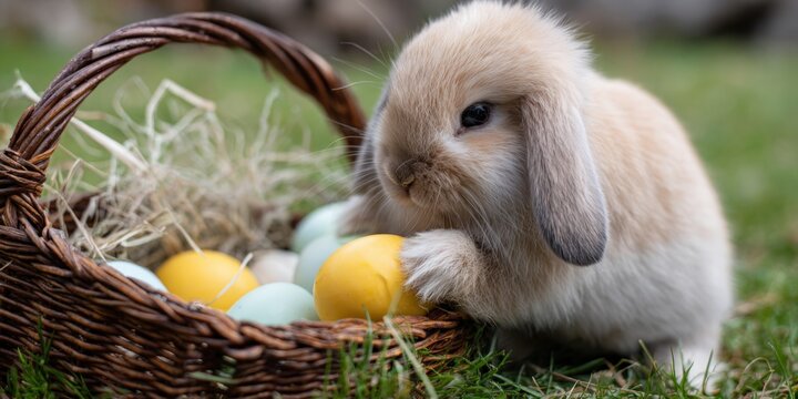 Adorable rabbit with colorful easter eggs in wicker basket on grass - Powered by Adobe