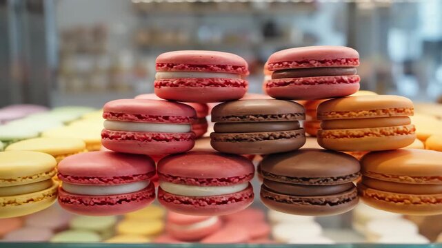 Display Case Shows Colorful Mini Macarons Neatly Arranged Rows