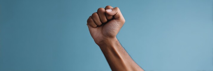 African male adult raised fist against blue background