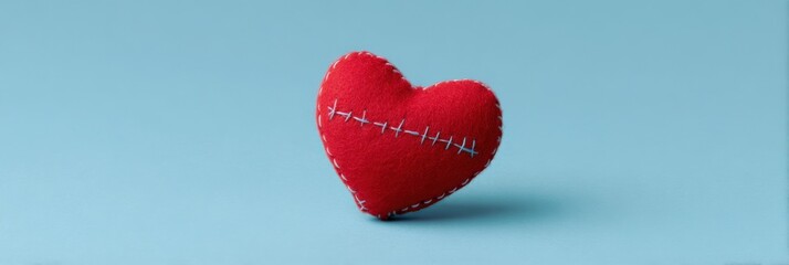 Handmade red felt heart with stitched seam on blue background