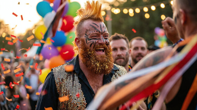 a bearded man with orange mohawk, black face paint, and gold glitter, wearing a patterned vest, celebrating with colorful balloons and confetti, surrounded by people.