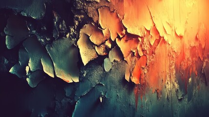 Abstract image showcasing layers of decaying colorful pigments on a textured peeling surface with a dramatic interplay of light and shadow