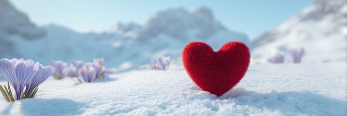 Red heart on snow with purple crocus flowers amidst mountain scenery