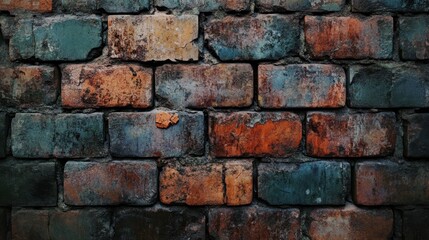 Obraz premium A weathered and unevenly stacked wall composed of chipped bricks displaying a rich tapestry of orange blue and brown hues with a rough textured surface creating a rustic backdrop