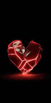 Glowing fractured heart: neon shattered light art on black background