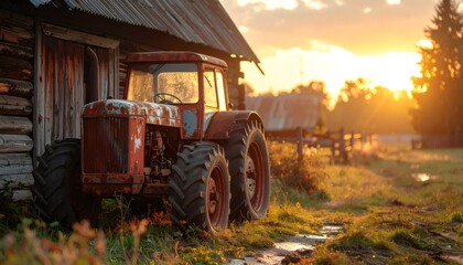 Vintage red tractor parking by old barn at sunset