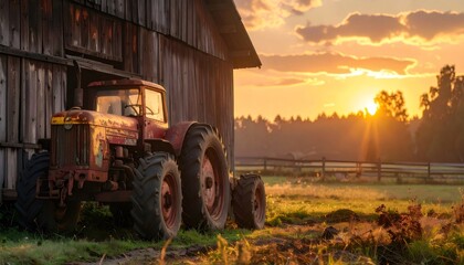 Old farming tractor standing by wooden barn at sunset
