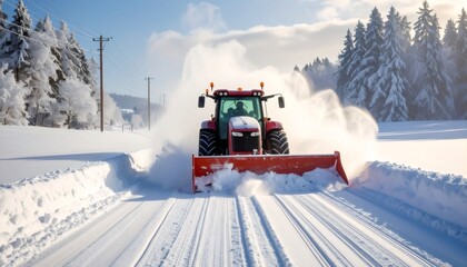 Red tractor plowing snow on winter road clearing