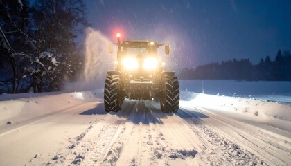 Tractor clearing snow from road at night during winter storm