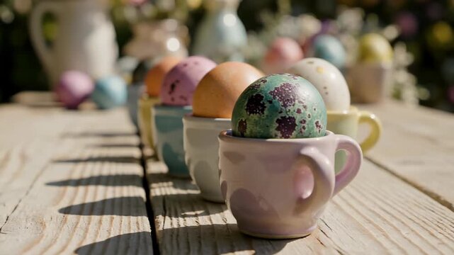 easter eggs in teacups on wooden table