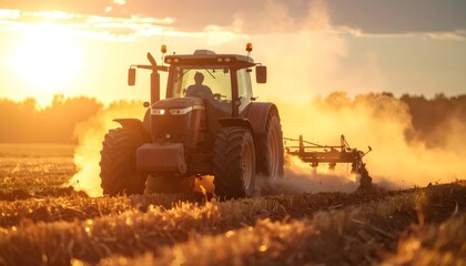 Tractor cultivating field creating dust during golden hour sunset