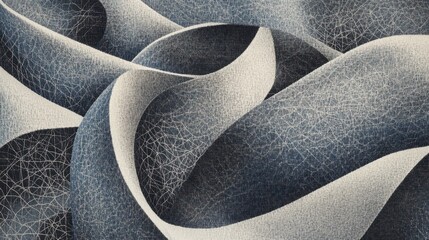 Abstract interwoven textile art with intricate linear patterns and flowing shapes in shades of blue gray and white