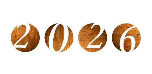 New Year poster. Numbers '2026' on abstract wooden circles. Sustainability concept, minimalist design, centered image, no additional words