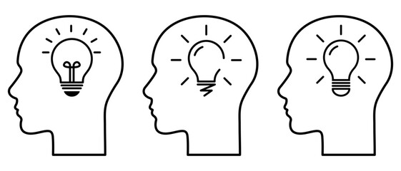 Head with lightbulb line icon set