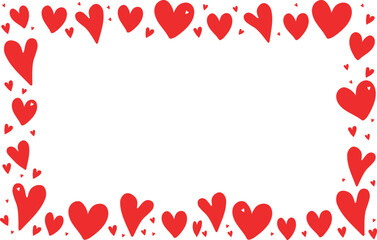 Valentine`s day frame with different hand drown read hearts on transparent background. 