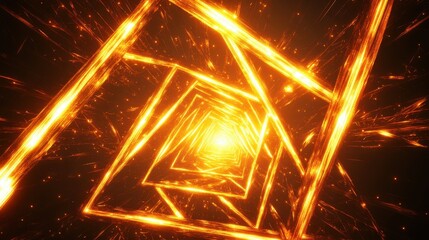 Abstract composition of glowing geometric shapes forming a bright fiery tunnel with sparkling lights