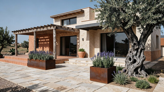 Maison villa proven&ccedil;ale m&eacute;diterran&eacute;enne avec terrasse et pergola en bois, bel espace ext&eacute;rieur sous le ciel bleu