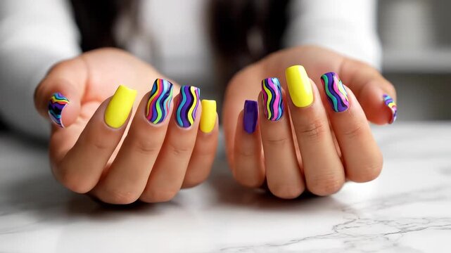 Showcasing vibrant manicured nails colorful wavy patterns close-up