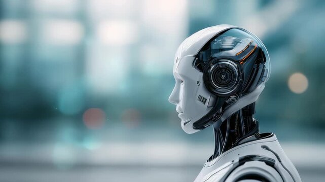 A highly detailed android with metallic and synthetic components represents the future of robotics and AI. The background features a blurred urban landscape, emphasizing technological advancement